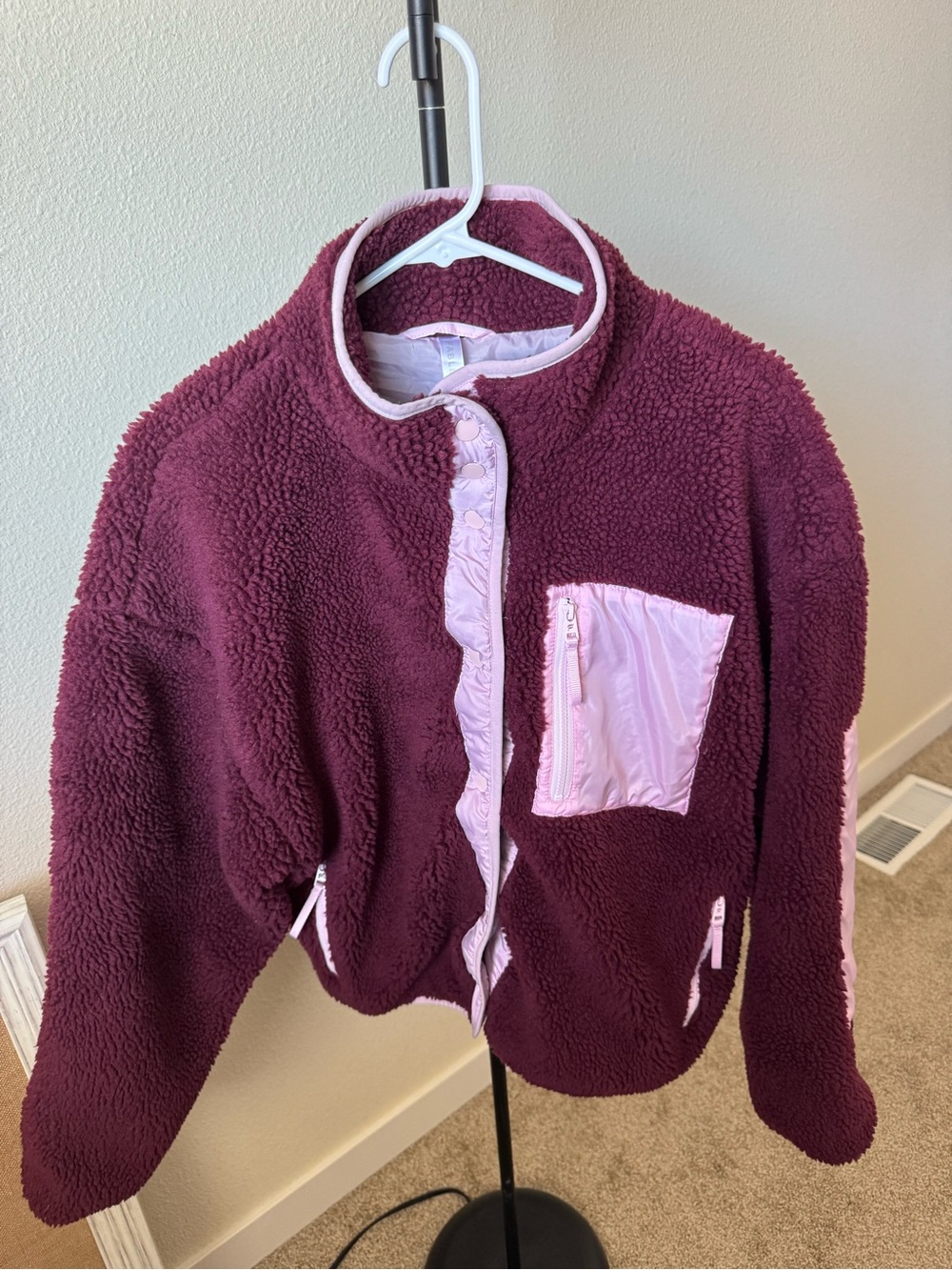 Fabletics Burgundy Teddy Jacket with Pink Trim